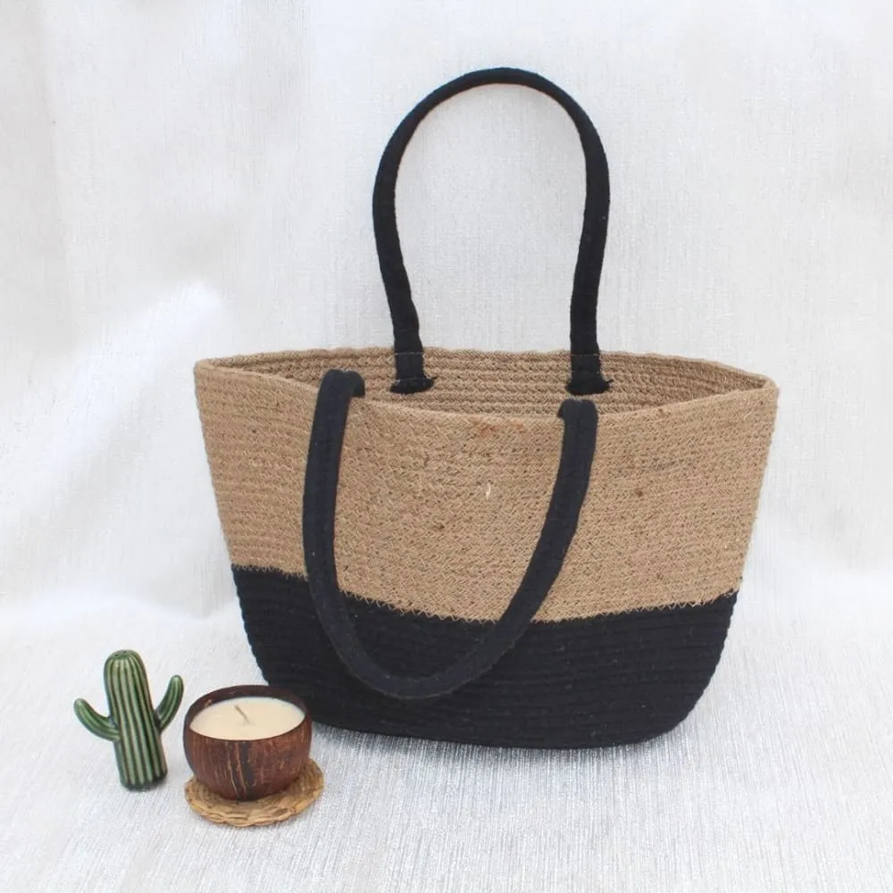 Black/Beige Jute Tote Bag