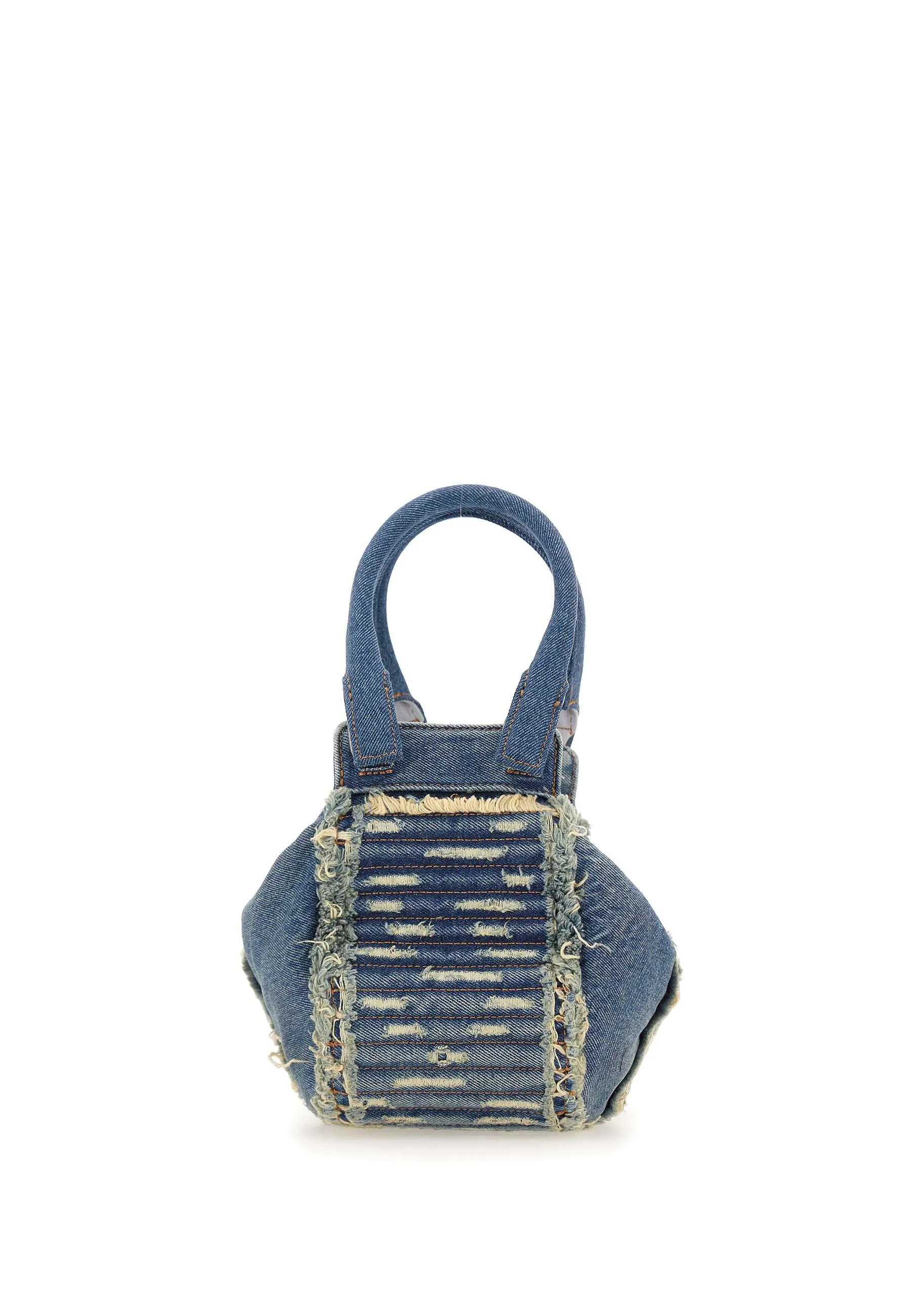 Blue Distressed Denim Handbag with Fringed Details