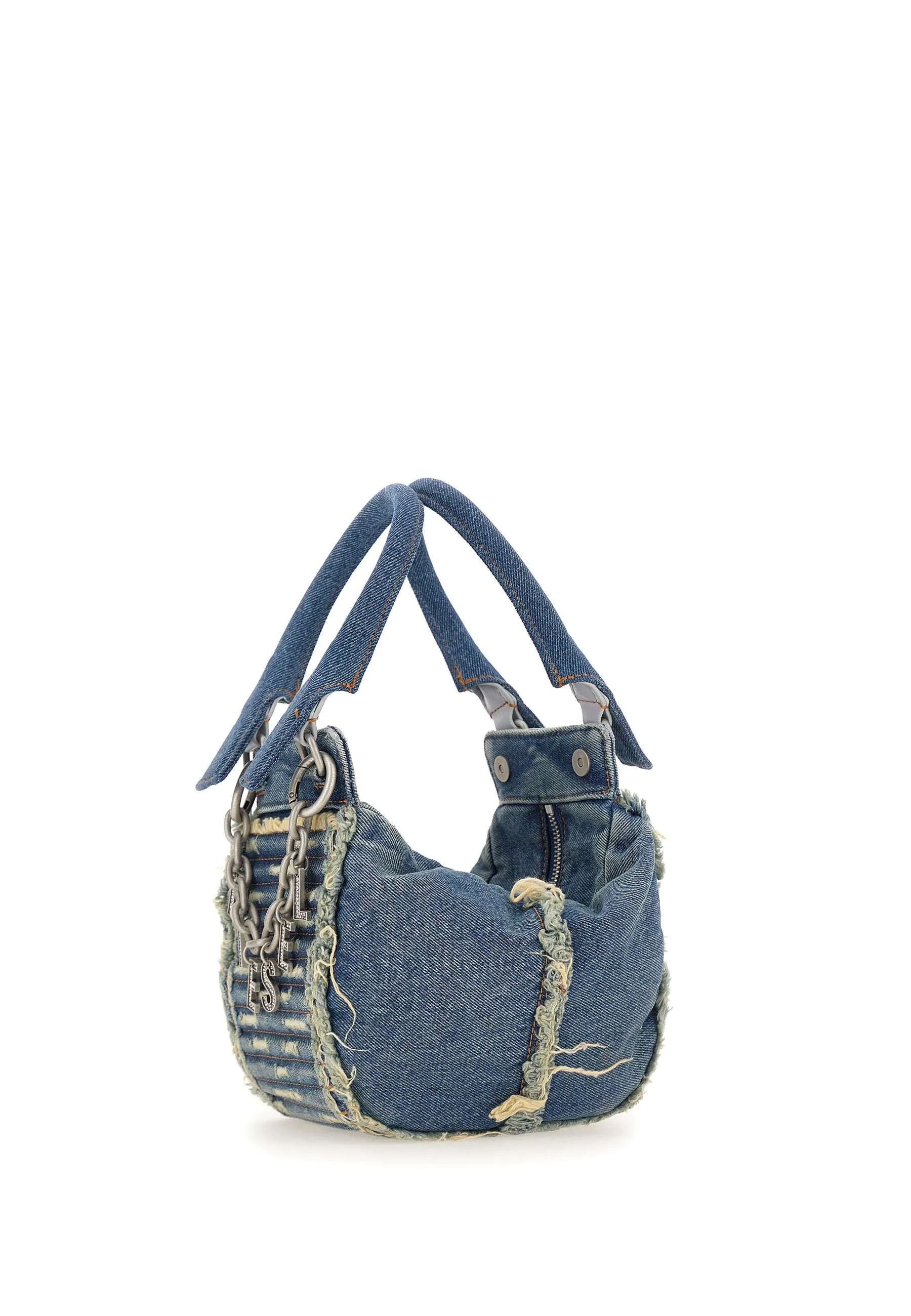 Blue Distressed Denim Handbag with Fringed Details