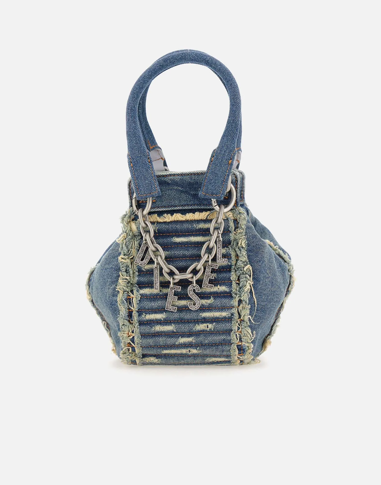 Blue Distressed Denim Handbag with Fringed Details