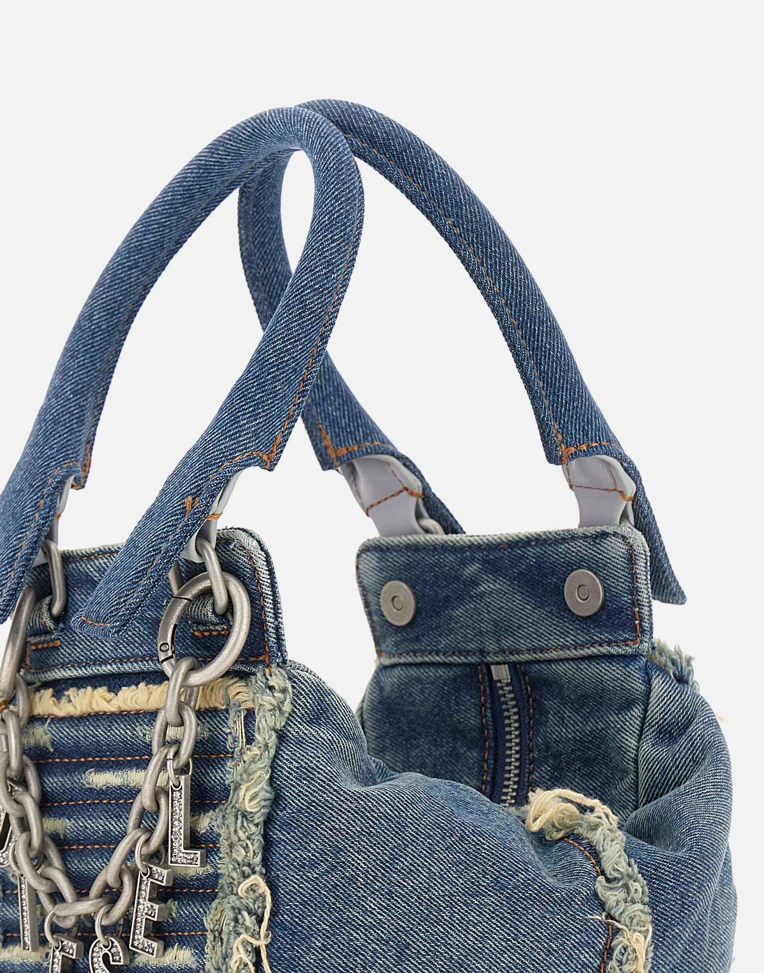 Blue Distressed Denim Handbag with Fringed Details