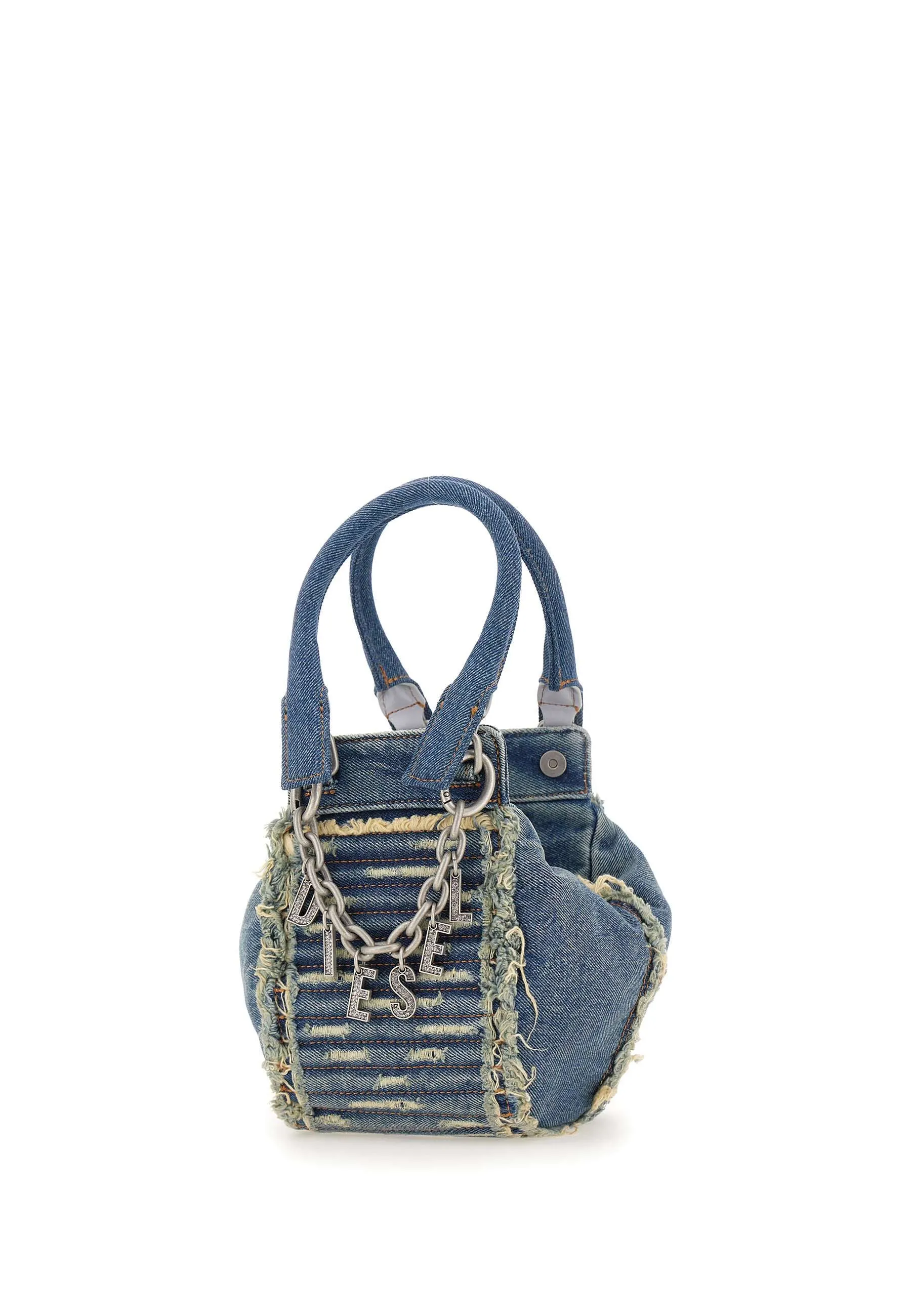 Blue Distressed Denim Handbag with Fringed Details