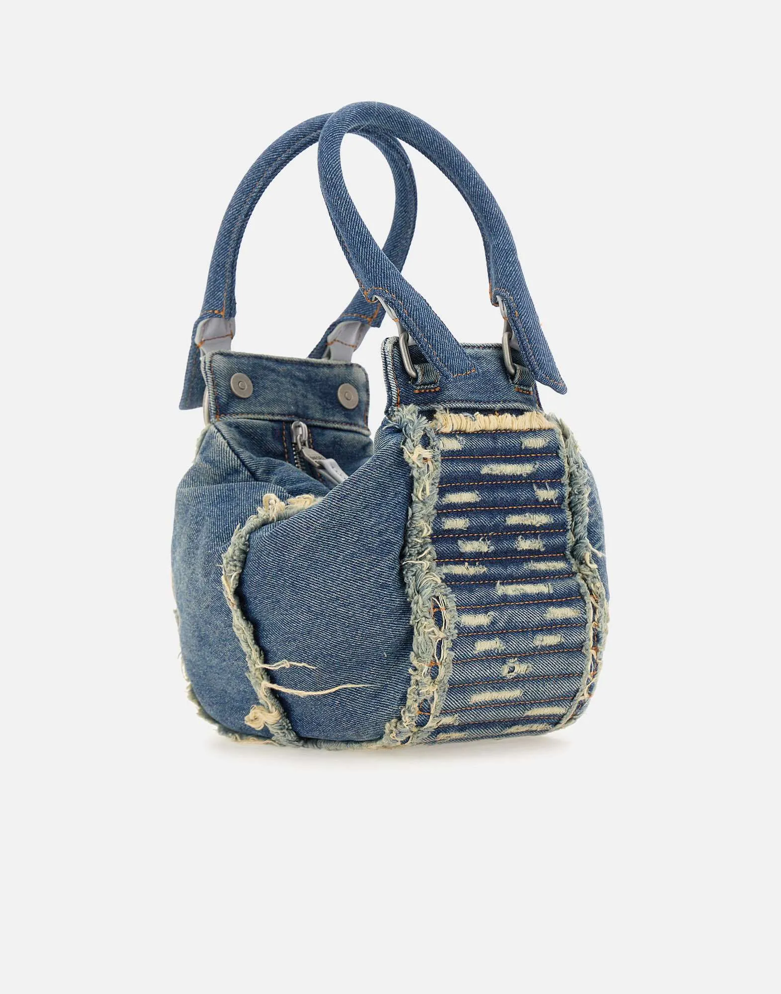 Blue Distressed Denim Handbag with Fringed Details