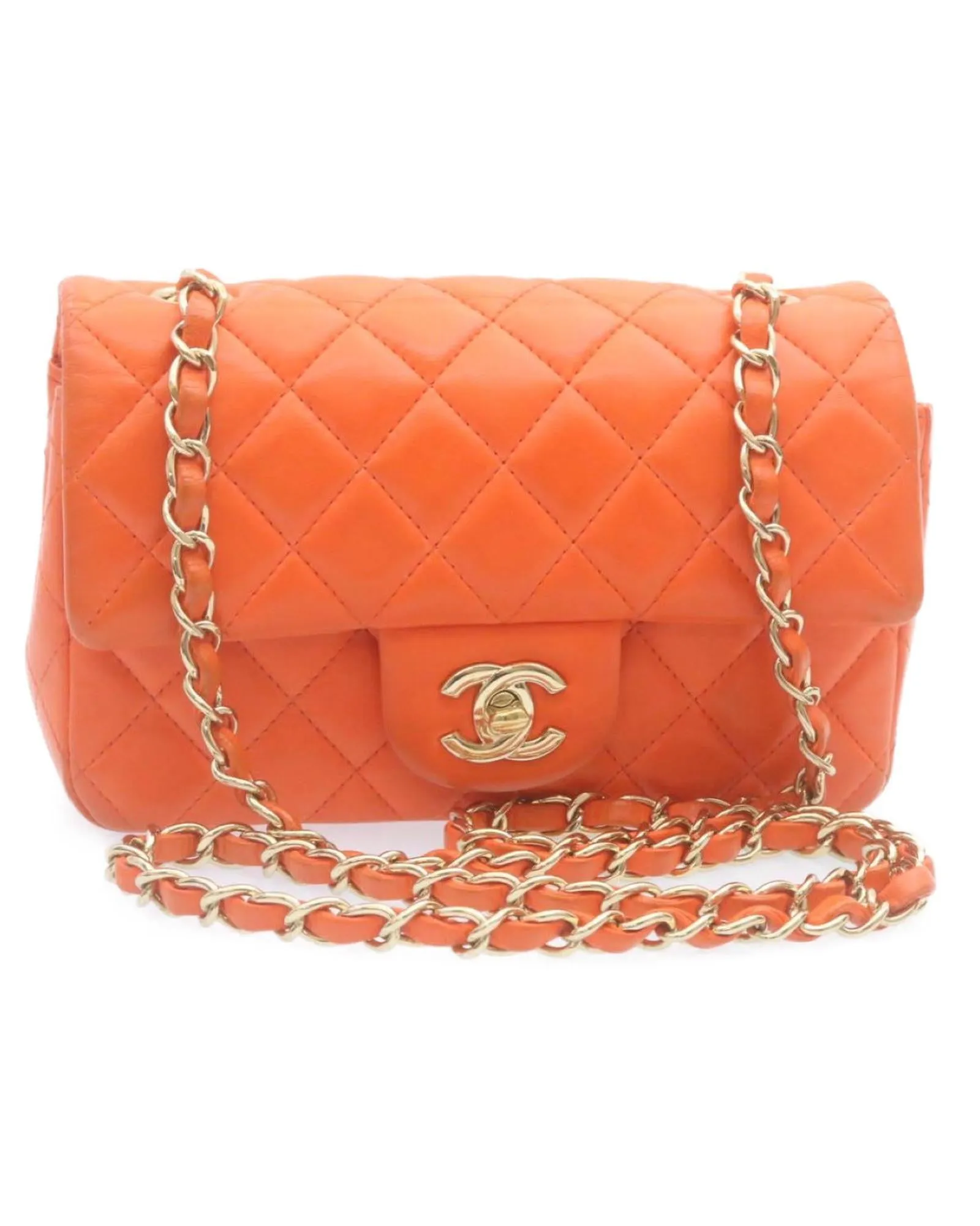 CHANEL Classic Double Flap Mini Shoulder Bag Orange Lambskin Leather