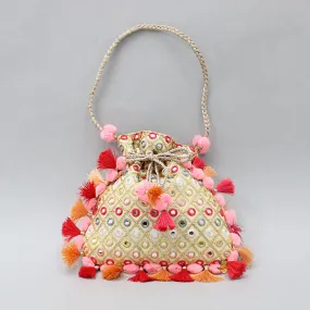 Charming Faux Mirror Work Dual Toned Fringed Detailed Potli Bag