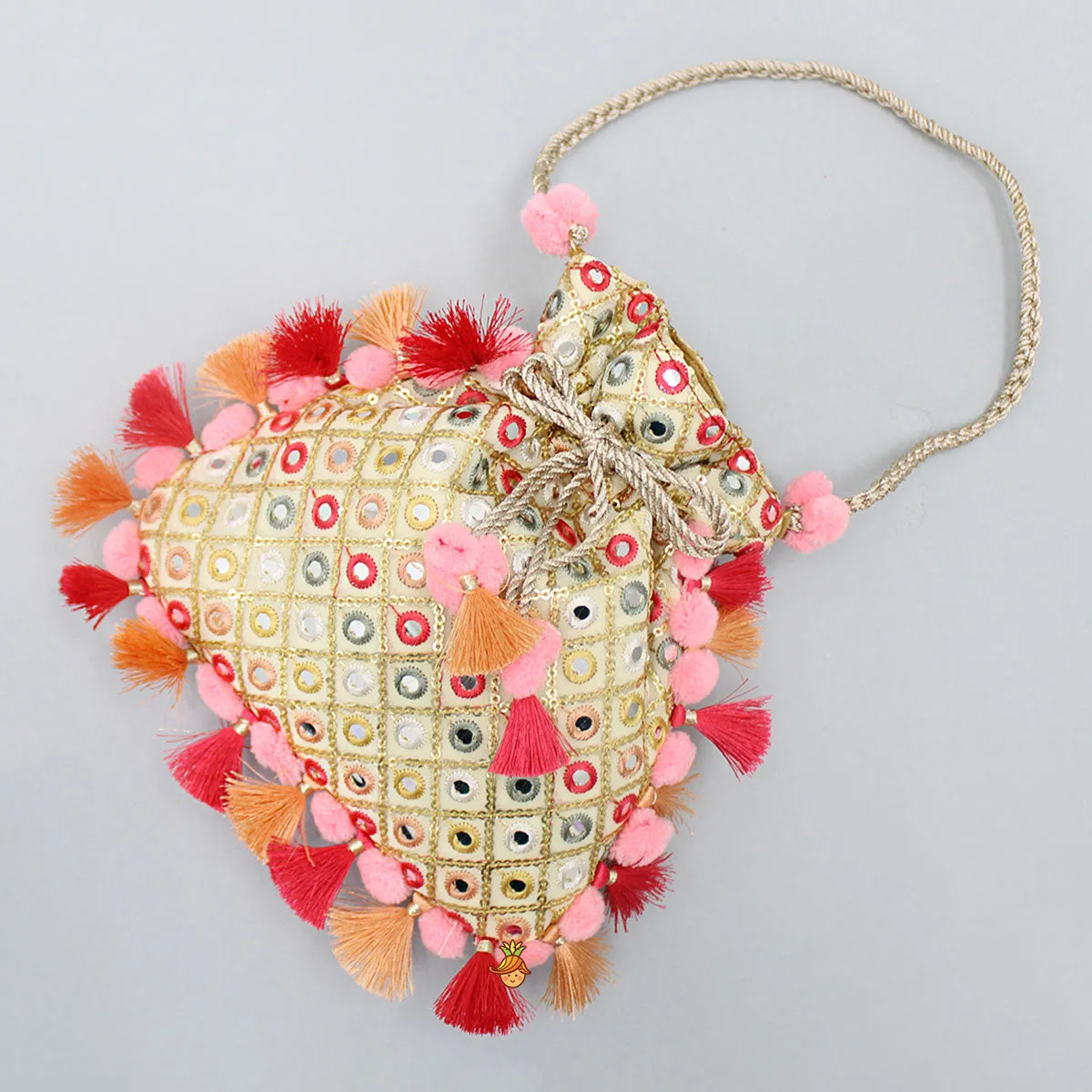 Charming Faux Mirror Work Dual Toned Fringed Detailed Potli Bag