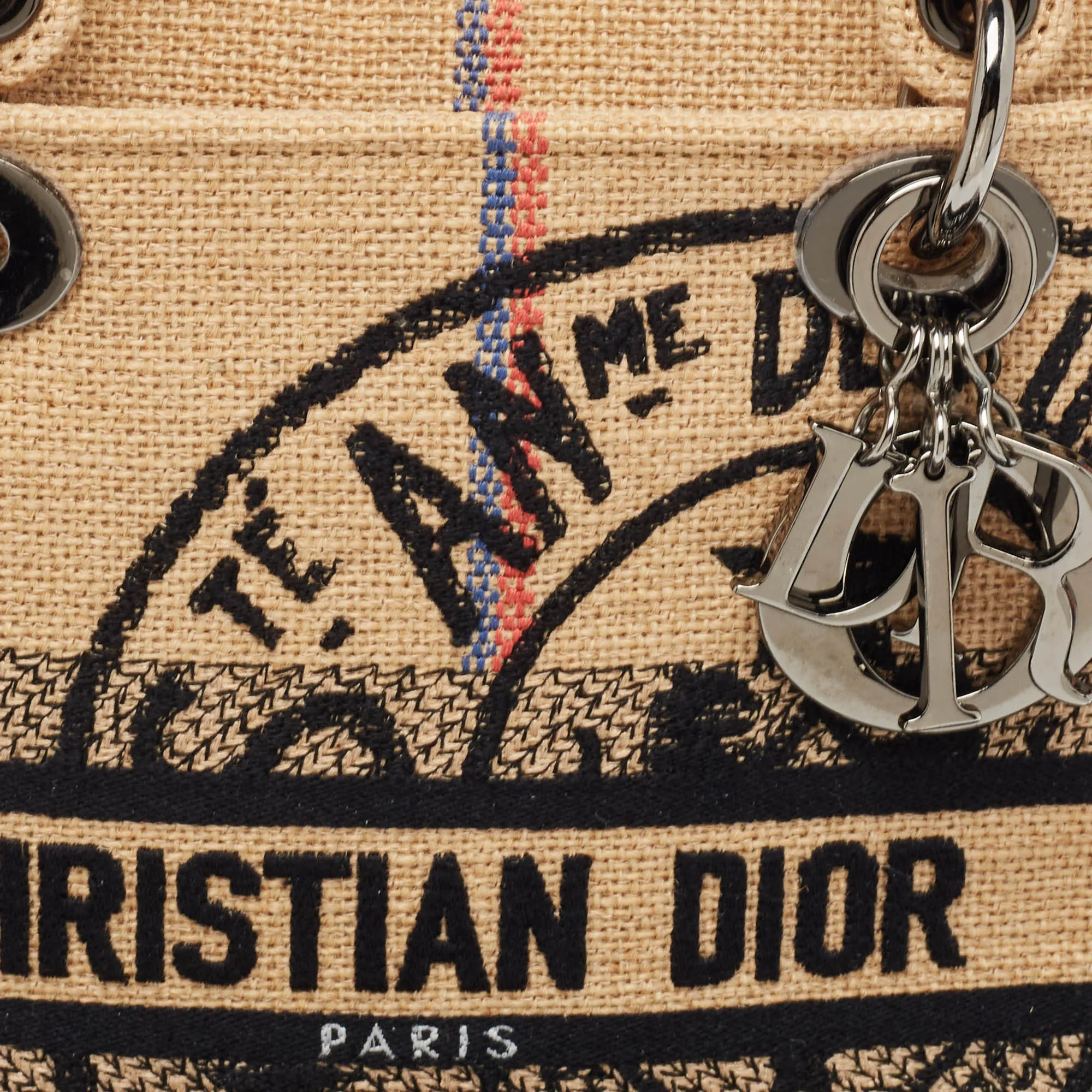 DIOR Beige Jute Union Embroidered Medium Lady D-Lite Tote