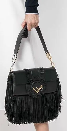 Fringed Baguette Shoulder Bag, Black