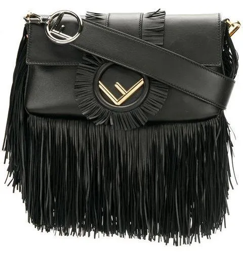 Fringed Baguette Shoulder Bag, Black