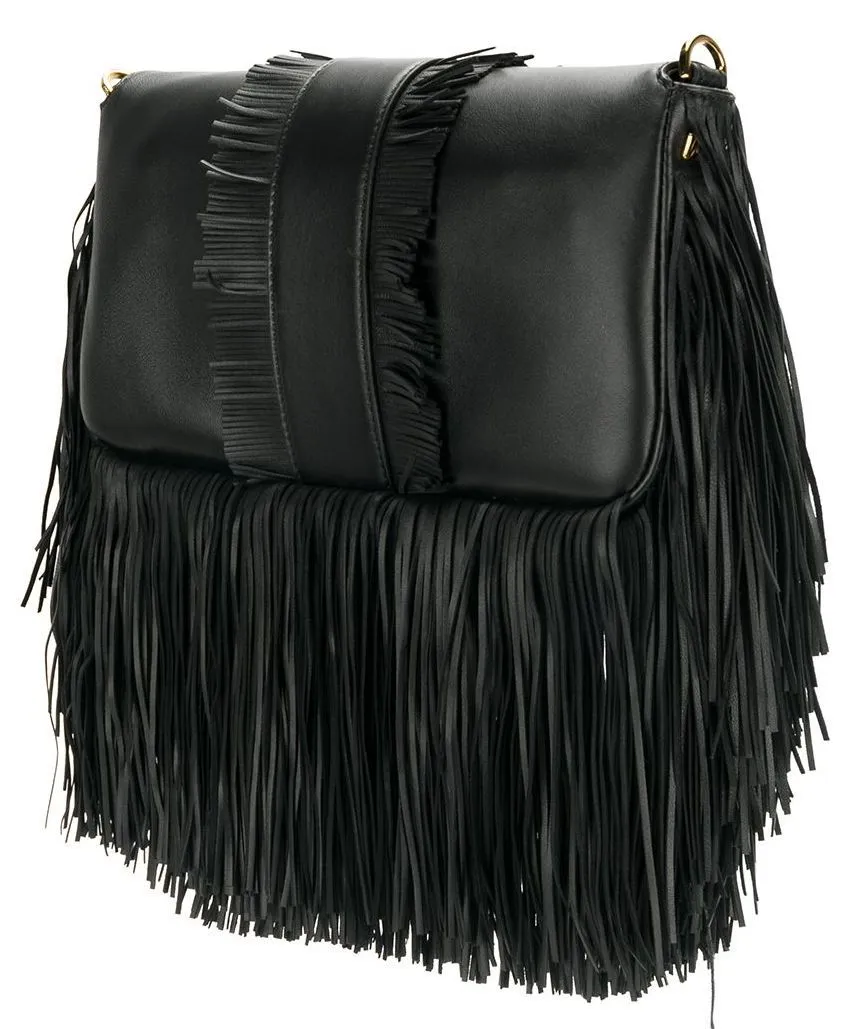 Fringed Baguette Shoulder Bag, Black