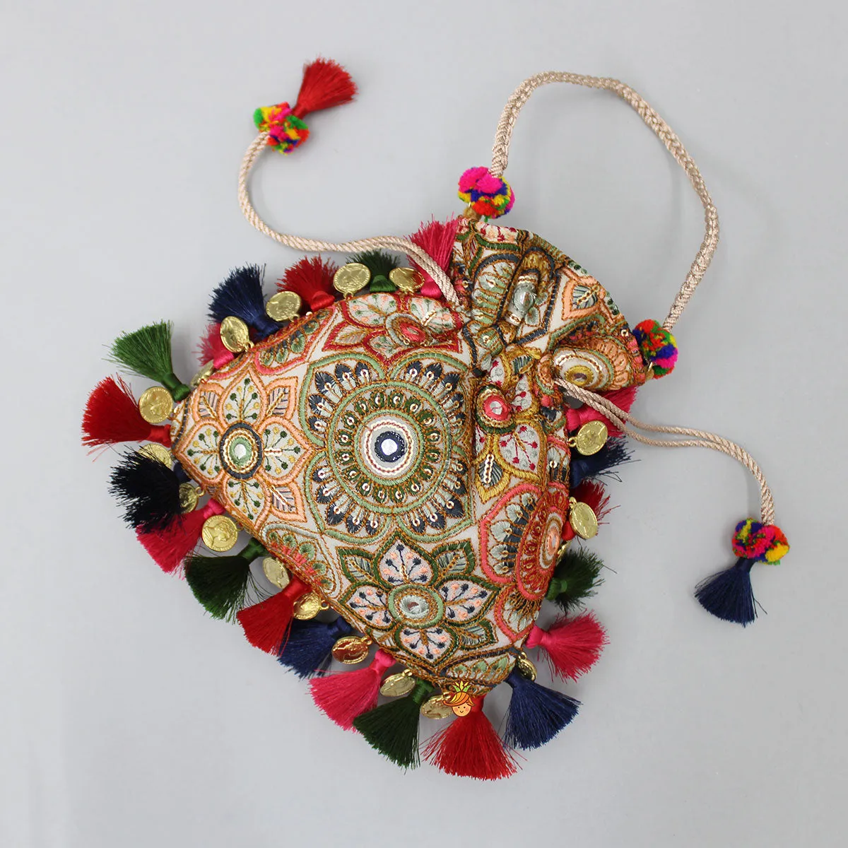 Multicolour Embroidered Fringed Tassels Detailed Potli Bag