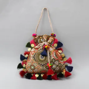 Multicolour Embroidered Fringed Tassels Detailed Potli Bag