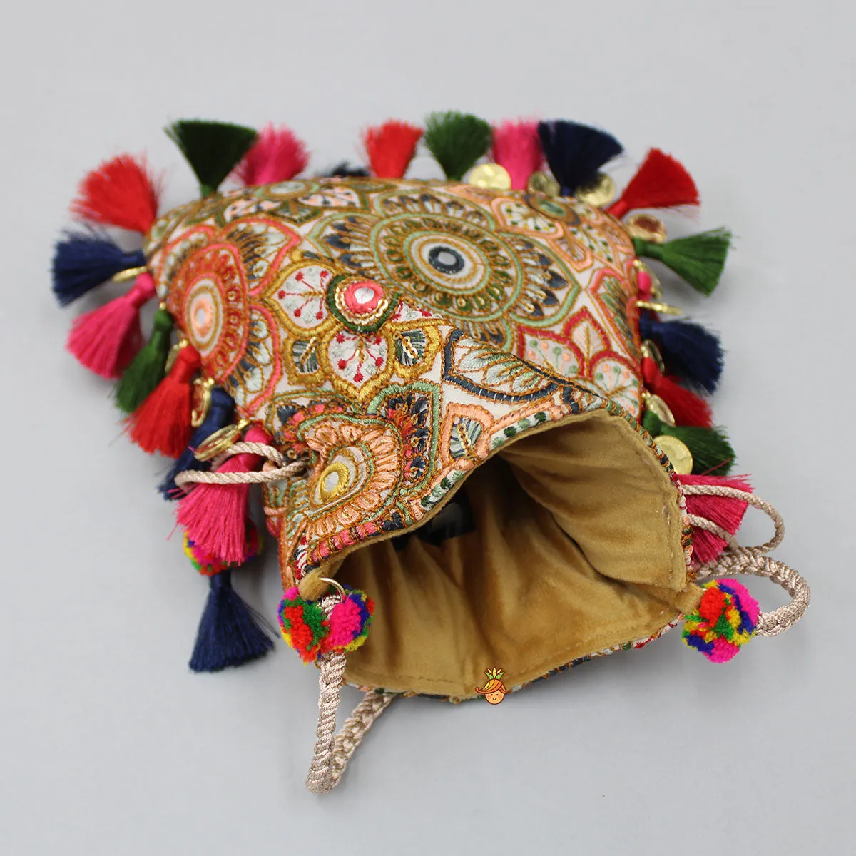 Multicolour Embroidered Fringed Tassels Detailed Potli Bag