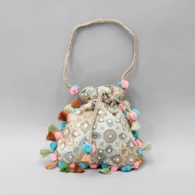 Pre Order: Gorgeous Faux Mirror Work Pom Poms And Fringed Detailed Potli Bag