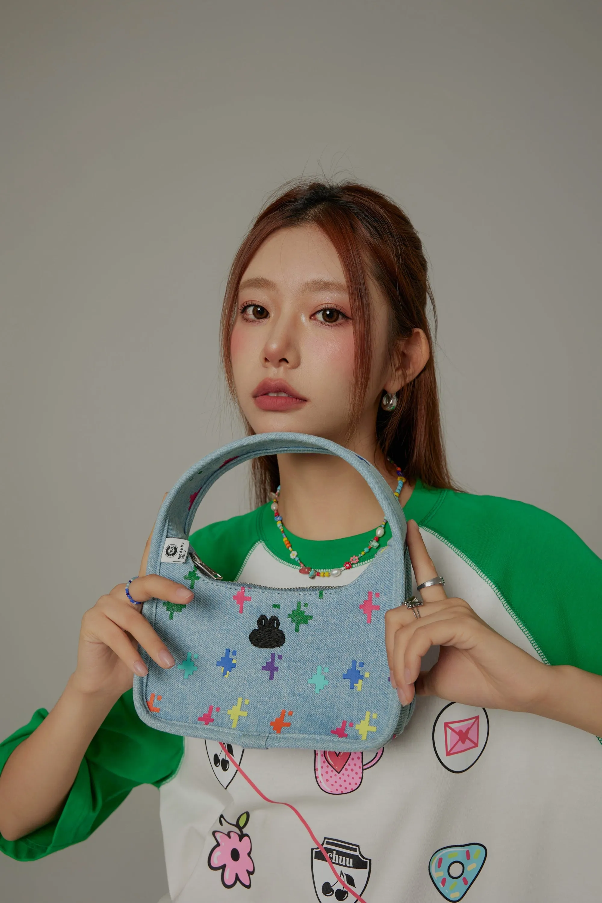 Rabbit Embroidered Colorful Pixel Shoulder Bag