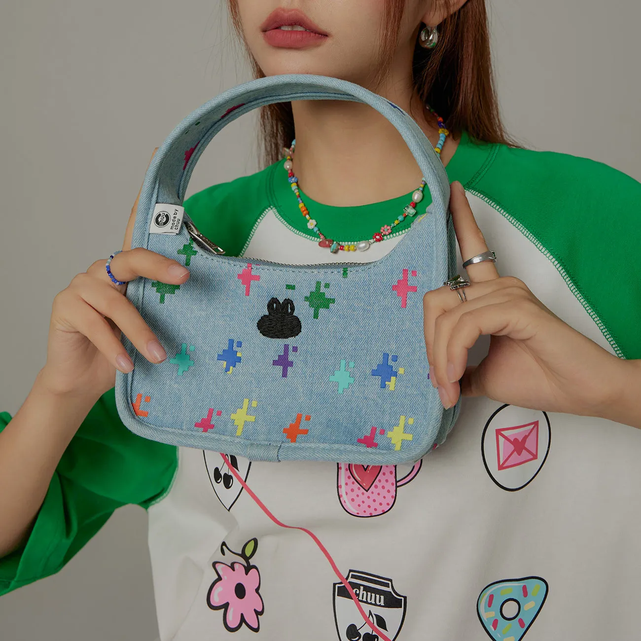 Rabbit Embroidered Colorful Pixel Shoulder Bag