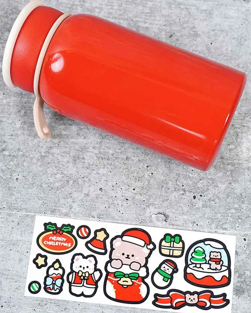 Red Christmas Sticker Stainless Steel Thermos Bottle With Strainer Filter | 3 x 7 inches | 400 ml