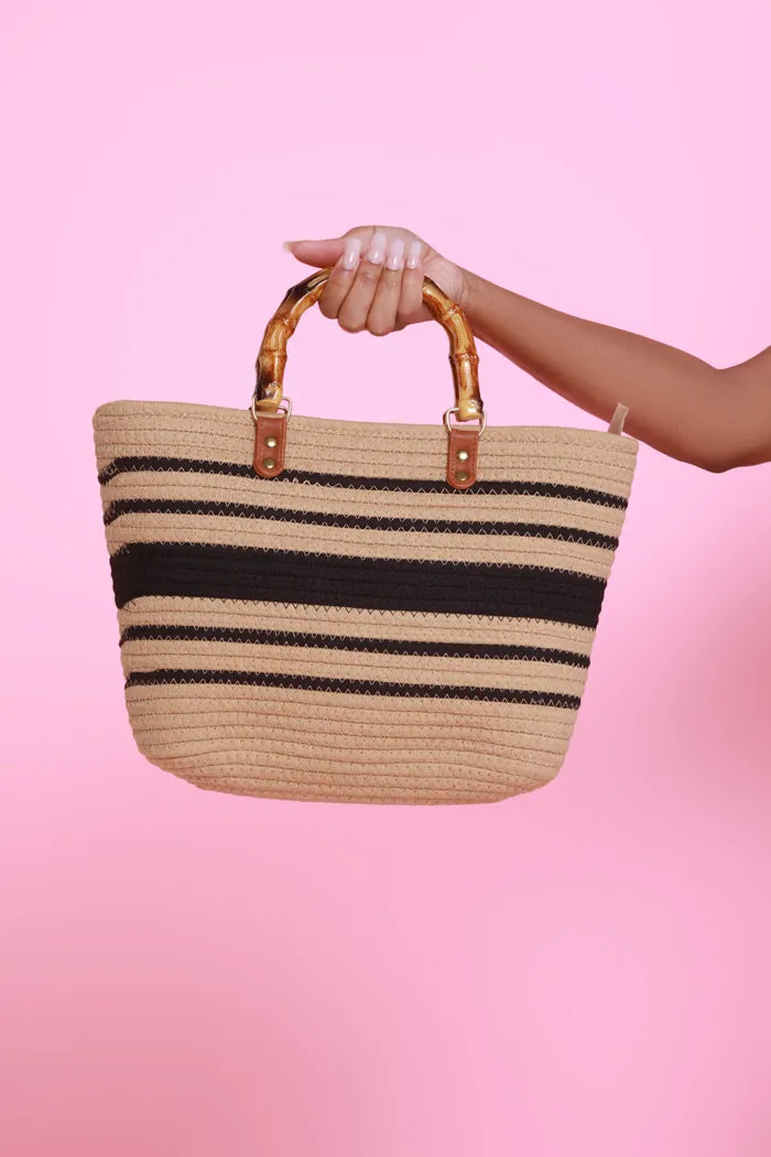 Stripe Back Woven Tote Bag - Tan/Black