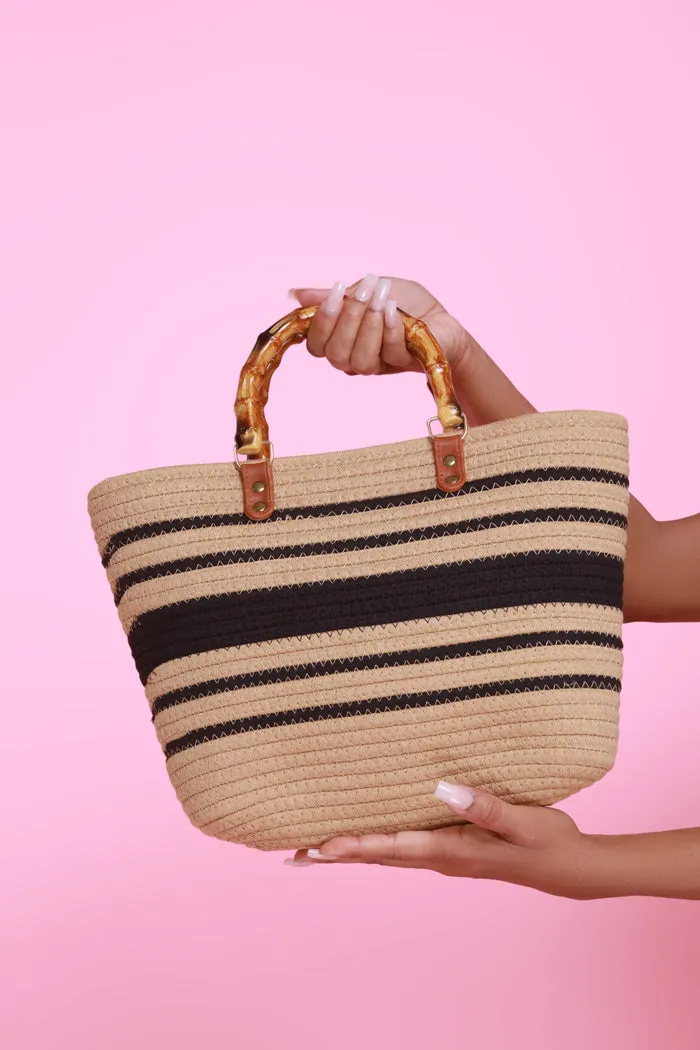 Stripe Back Woven Tote Bag - Tan/Black