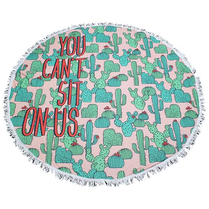 TW353X023  Cactus Print Round Fringed Beach Towel