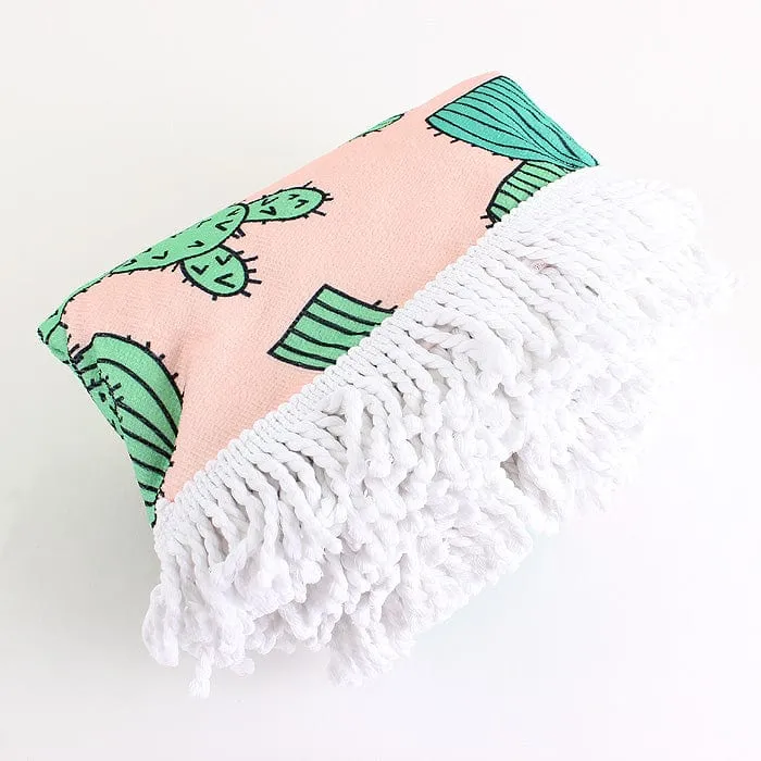 TW353X023  Cactus Print Round Fringed Beach Towel