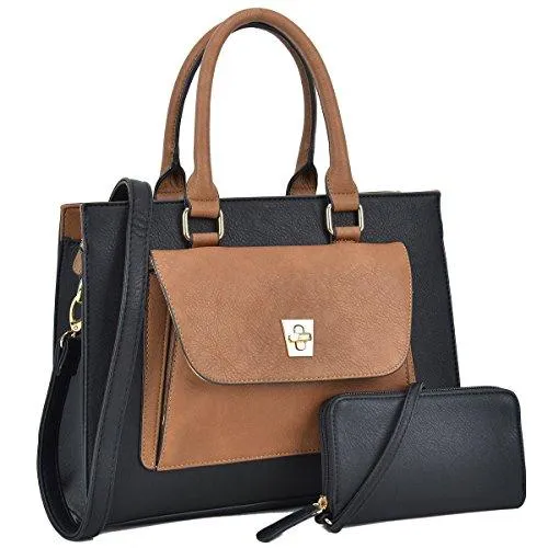 Women Leather Tote Satchel Handbags Colorblock Briefcases with Matching Purses