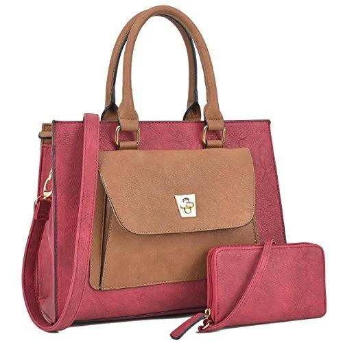 Women Leather Tote Satchel Handbags Colorblock Briefcases with Matching Purses