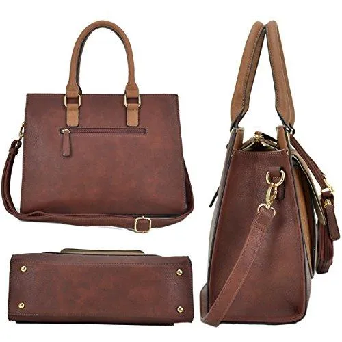 Women Leather Tote Satchel Handbags Colorblock Briefcases with Matching Purses