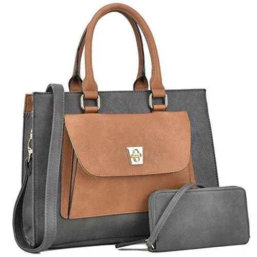 Women Leather Tote Satchel Handbags Colorblock Briefcases with Matching Purses