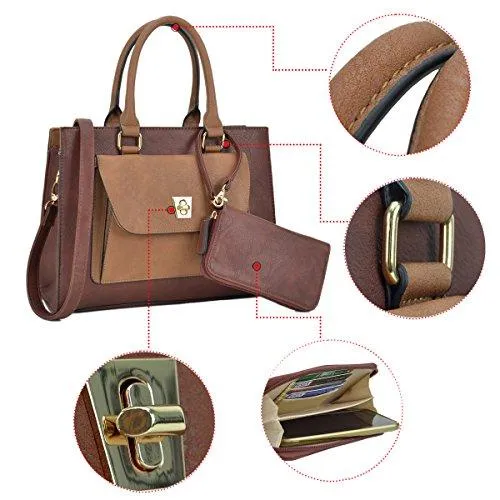 Women Leather Tote Satchel Handbags Colorblock Briefcases with Matching Purses